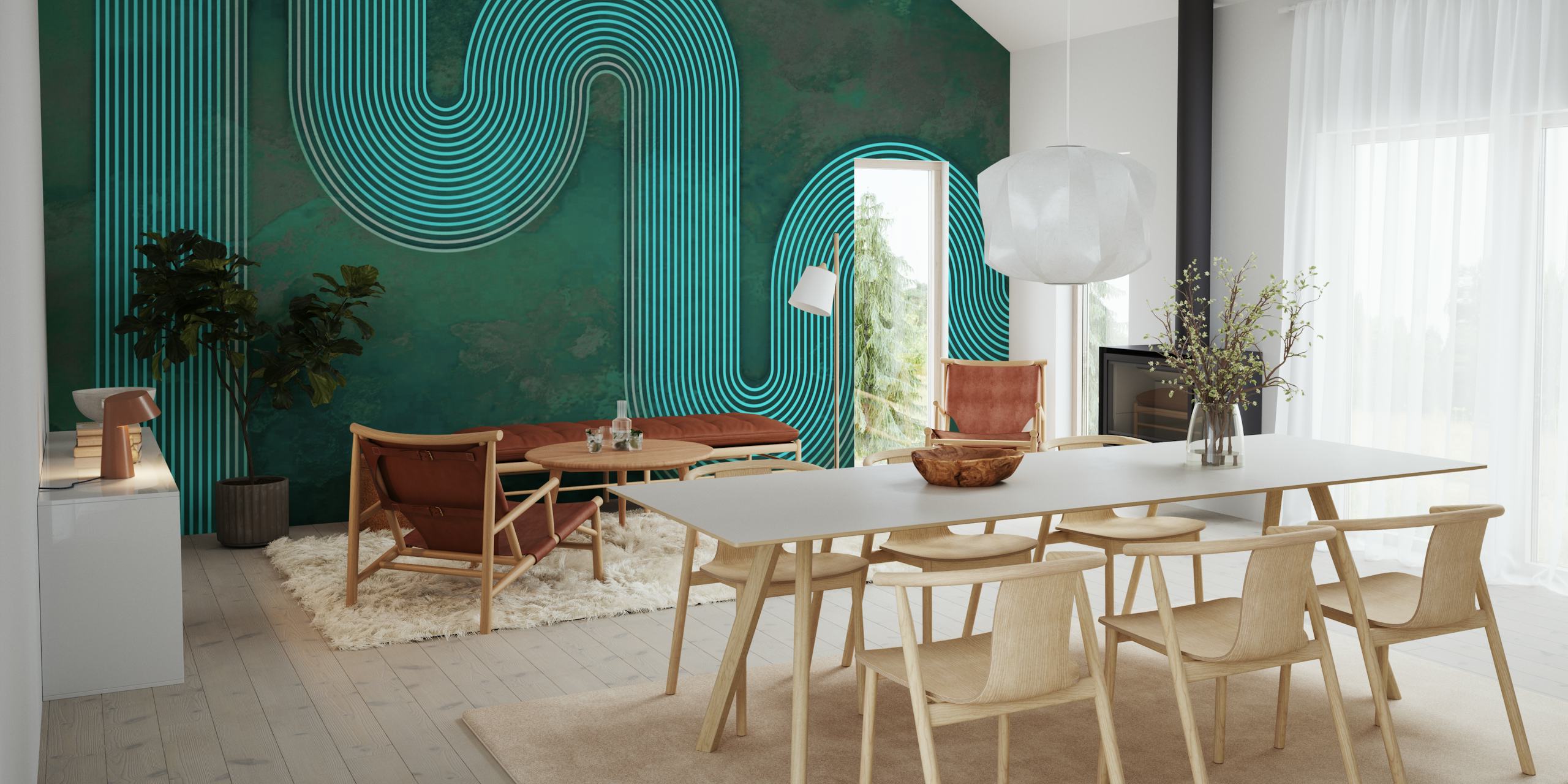 Flowing line art pattern in teal and aqua tones wallpaper